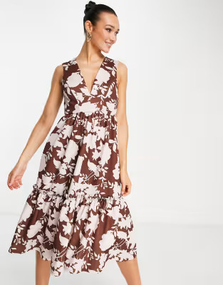 ASOS DESIGN peplum hem midi dress in brown floral | ASOS (Global)