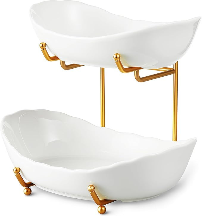 2 Tier Ceramic Fruit Bowl for Kitchen Counter, Tiered Fruit Basket for Countertop, Modern Multi L... | Amazon (US)
