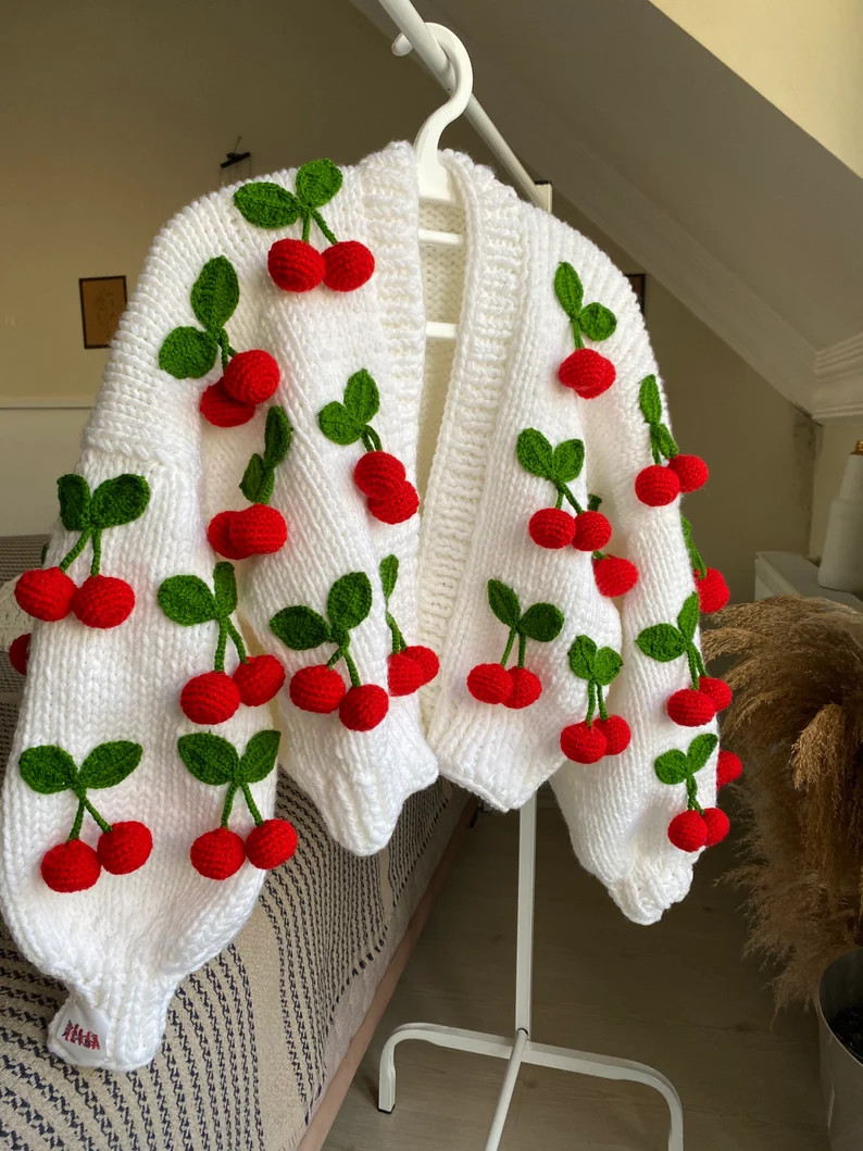 Leilayca Cherry Cardigan 3d Cherry Embroidered Chunky - Etsy UK | Etsy (UK)