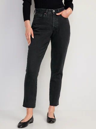 Curvy High-Waisted Button-Fly O.G. Straight Black Cut-Off Jeans for Women | Old Navy (US)