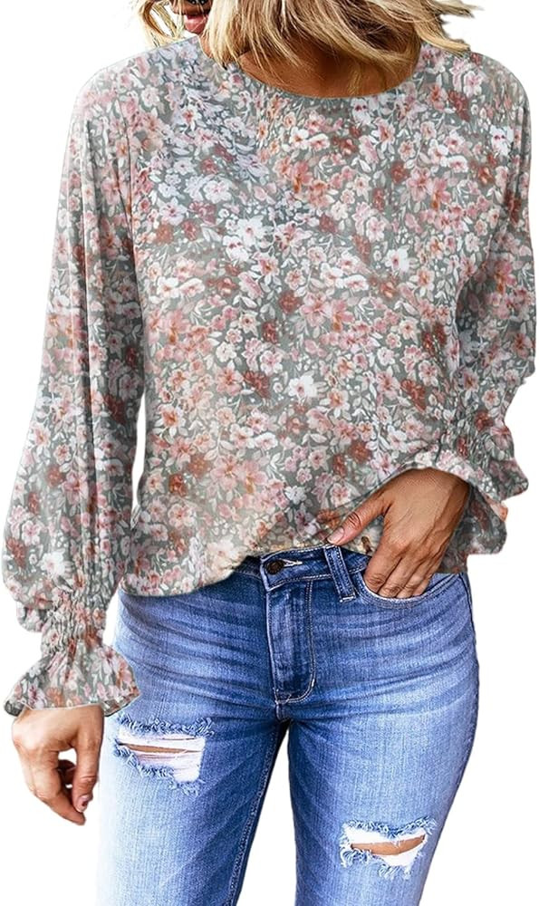 Dokotoo Womens 2022 Summer Long Sleeve Ruffle Bubble Sleeve Casual Loose Shirts Tops and Blouses | Amazon (US)