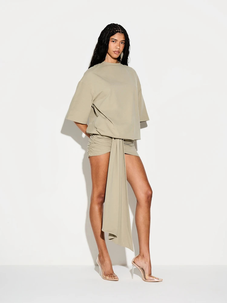KIZN Sage Ruched Long Sleeve Mini Dress With Asymmetric Drape Detail And Gathered Skirt For Fall Winter Casual Party Occasions | SHEIN