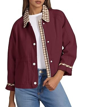 Tankaneo Womens Cropped Jacket Lightweight Casual Zip Up Barn Jackets Fall Contrast Plaid Outerwe... | Amazon (US)