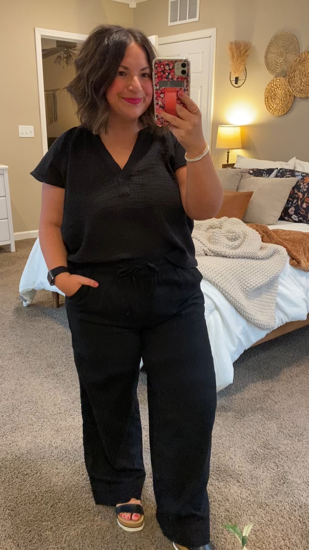 These pieces from Walmart can be mixed & matched! They are so comfortable & the fabric is light & breathable!

sandals: fit true to size // wearing a 5
pants: fit true to size // wearing a large
top: fits true to size // wearing a large (part of a set) 

 #LTKMidsize #LTKStyleTip #LTKWorkwear