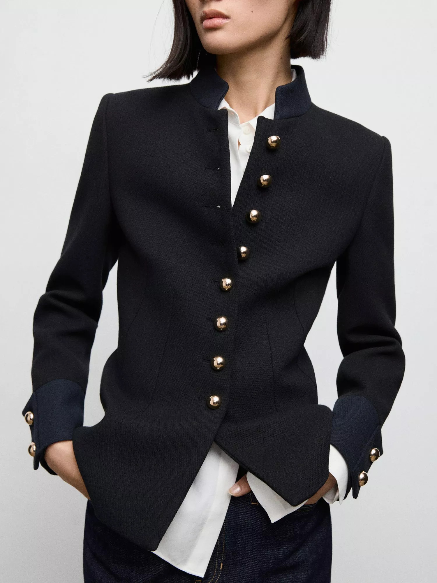 Mango Olivia High Neck Fitted Jacket, Black | John Lewis (UK)