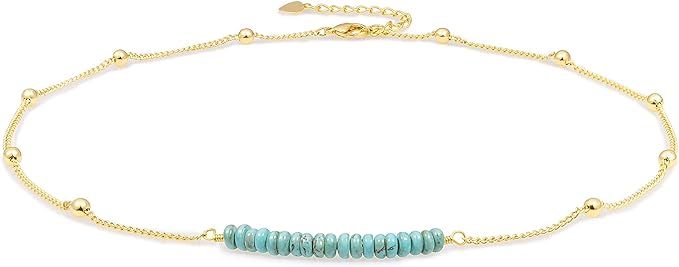 18K Gold Satellite Beaded Curb Ball Chain Choker Turquoise Garnet Beads Bar Necklace Handmade Pen... | Amazon (US)