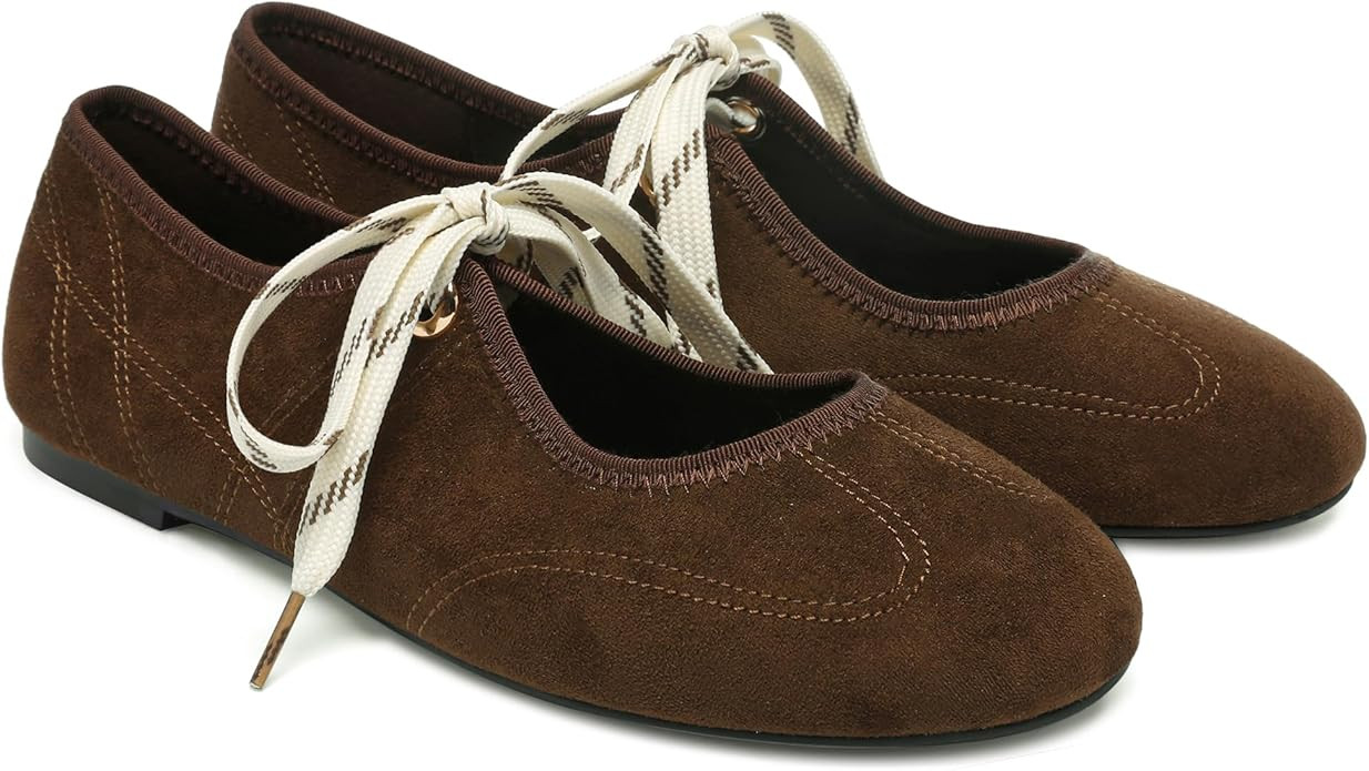 Lace up Round Toe Ballet Flats for Women Cute Slip on Soft Mary Jane Flats Casual Ballerina Shoes | Amazon (US)