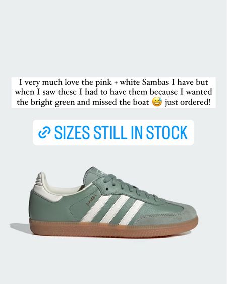 Adidas sambas - this new sage green color just in! 

Sizes still available 

#LTKshoecrush #LTKFind