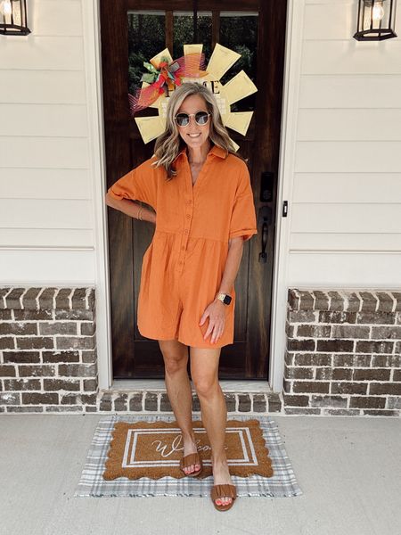 Button-down collared romper with pockets - comes in multiple color options wearing size small perfect for Erin ‘s and the mom on the go! 

#LTKFindsUnder50 #LTKActive #LTKOver40