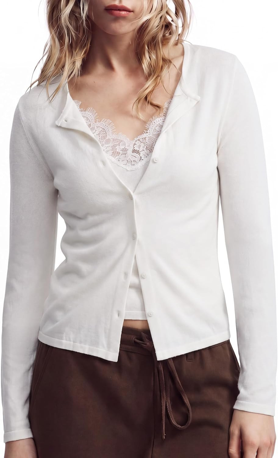 SUUKSESS Women Cashmere Blend Lace Sweater Button Down Long Sleeve Top | Amazon (US)