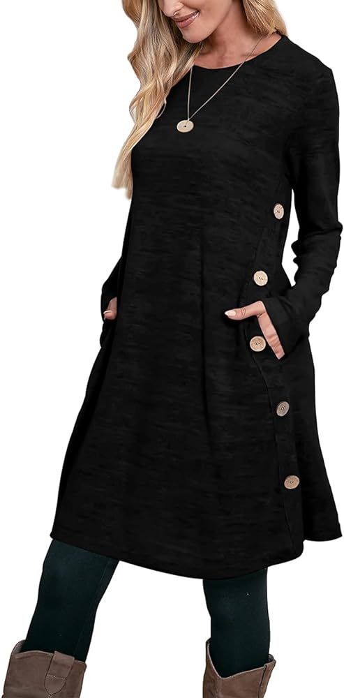 OFEEFAN Women's Long Sleeve Dress with Pockets Buttons Side | Amazon (US)