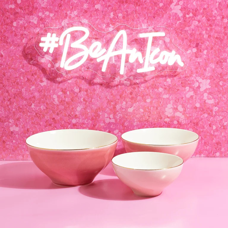 Paris Hilton 3-Piece Ceramic Bowl Set, Nesting Mixing Bowls, Dishwasher Safe, Pink and Gold - Wal... | Walmart (US)
