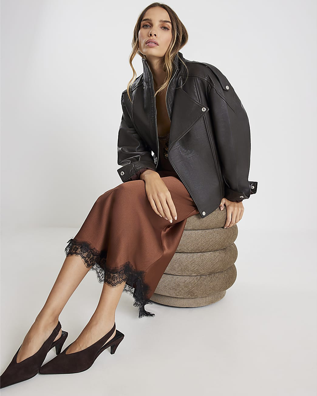 Brown Lace Trim Satin Midi Skirt | River Island UK & IE