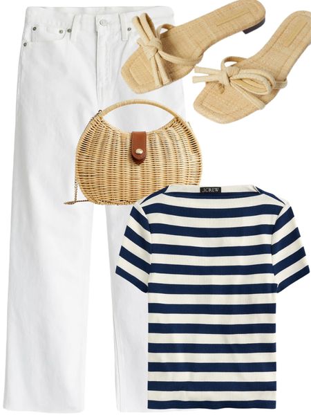 Nautical striped top to wear with white wide leg jeans and raffia sandals and wicker bag 

#LTKfindsunder100 #LTKstyletip #LTKsalealert