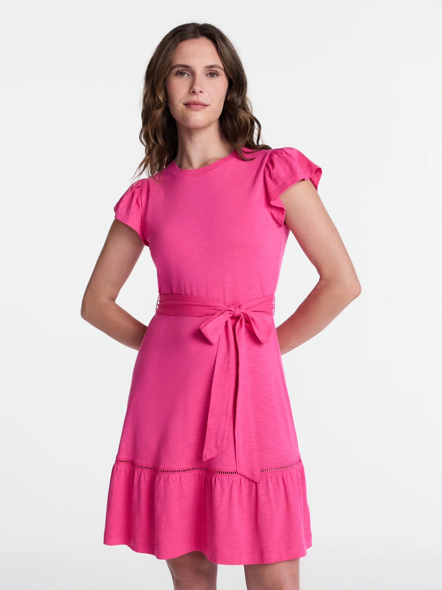 Time and Tru Women's and Women's Plus Belted Mini Dress with Flutter Sleeves, Sizes XS-4X | Walmart (US)