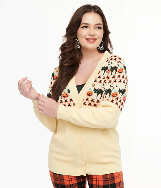 Unique Vintage 1960s Ivory & Orange Halloween Print Cardigan | UniqueVintage