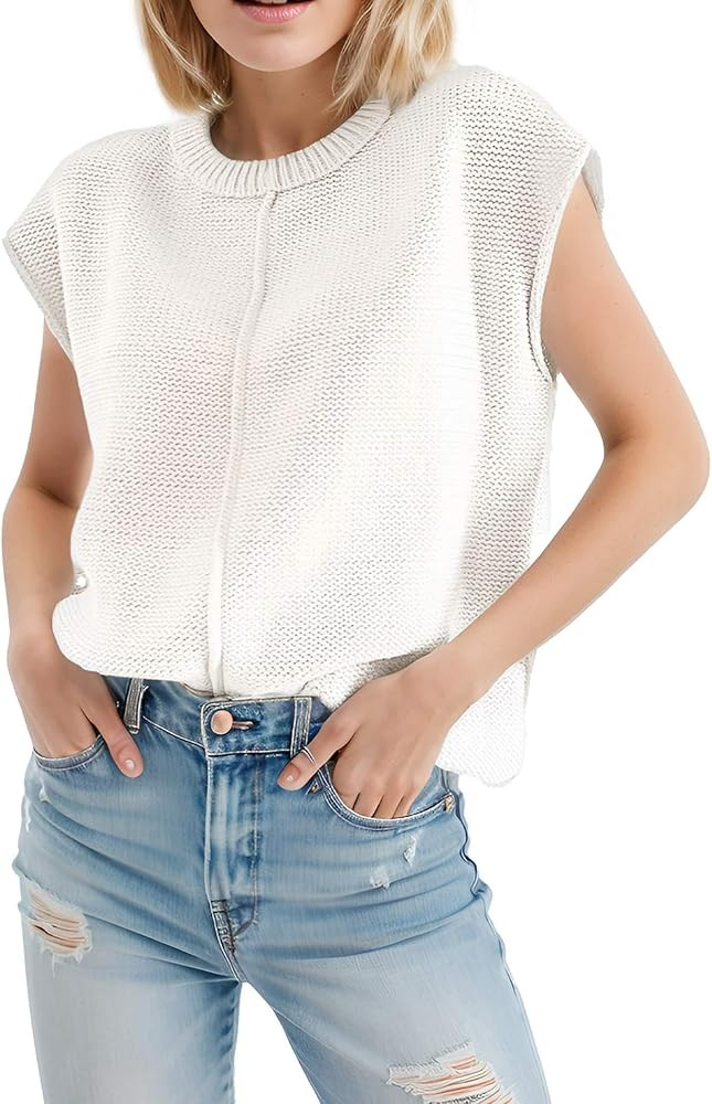 Womens Cap Sleeve Sweater Casual Sweater Vest Sleeveless Pullover Sweater Loose Fit Sweater Tops ... | Amazon (US)