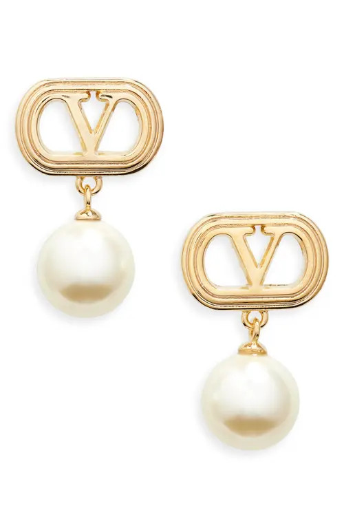 Valentino Garavani Ovalette VLOGO Swarovski® Faux Pearl Drop Earrings in Yellow Gold at Nordstrom | Nordstrom