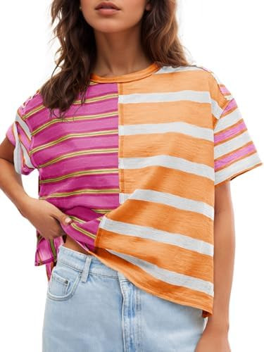 Tankaneo Womens Summer Striped Shirts Casual Color Block Short Sleeve Tops Loose Fit Crew Neck Te... | Amazon (US)
