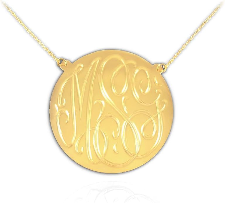 Hand Engraved Monogram Necklace - Custom Monogram 1 inch 24K Gold Plated Silver Personalized Init... | Amazon (US)