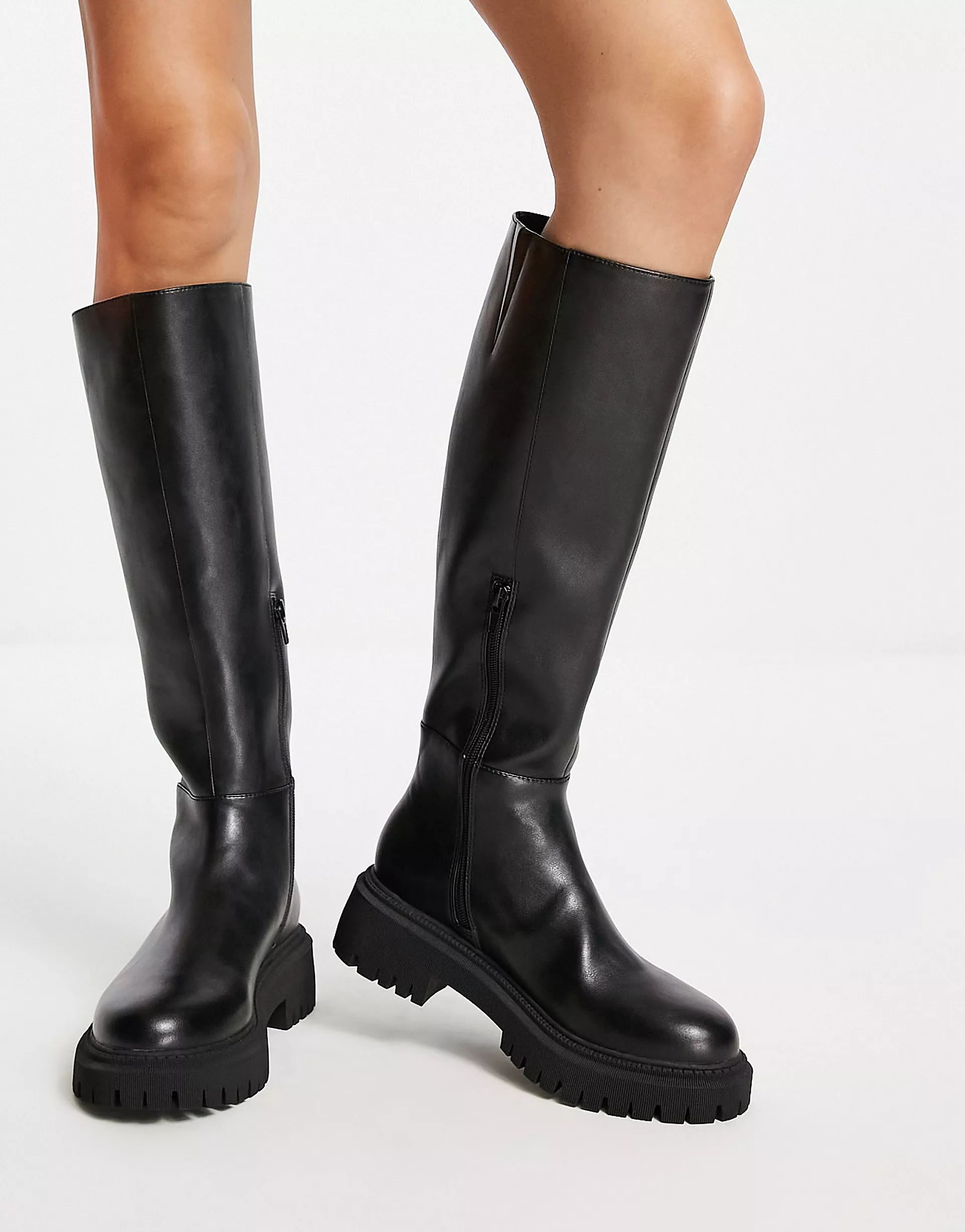 Rule London Exclusive Robin flat knee boots in black PU | ASOS (Global)