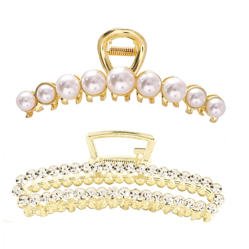 SCWANG Metal pearl hair claw clip for women gold large rhinestone hair clamp clip curly/ thick hair  | Amazon (US)