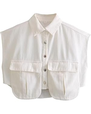 Perbai Womens Cropped Button Down Shirt Summer Collared Sleeveless Loose Denim Top with Pockets | Amazon (US)