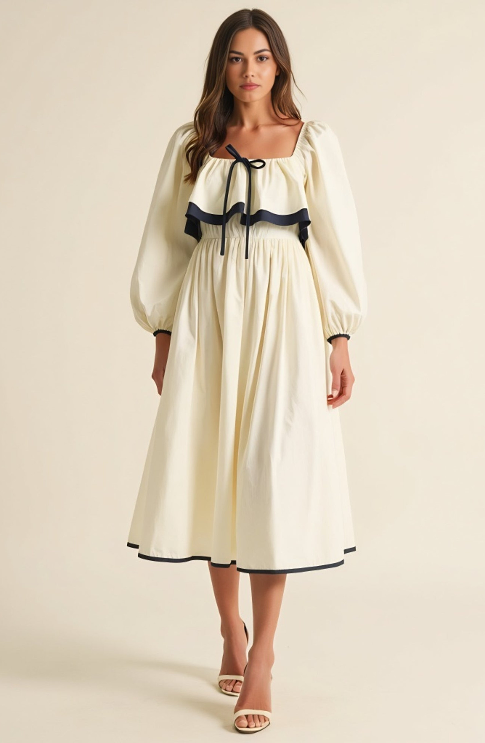 Modenaire Long Sleeve Ruffle Trim Midi Dress with Tie Front Detail | Nordstrom | Nordstrom