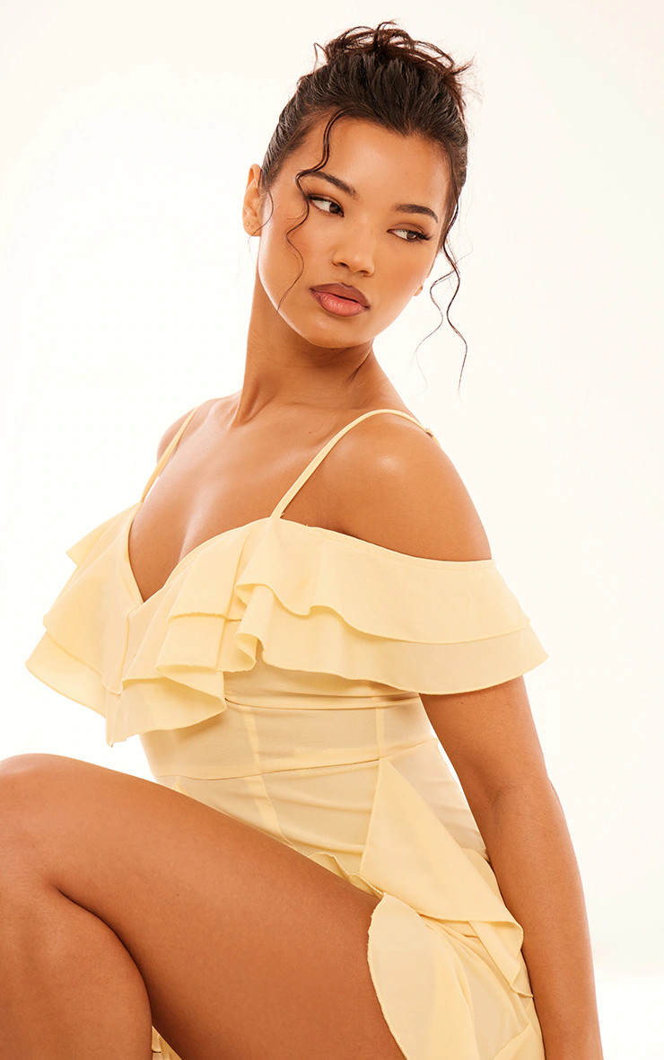 Lemon Cold Shoulder Ruffle Detail Maxi Dress | PrettyLittleThing UK