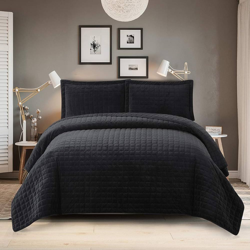 Royal Hotel Bedding Plush Velvet King Size Quilt, Velvet Black 110x96 Inches Coverlet 3pc Set, Ov... | Amazon (US)