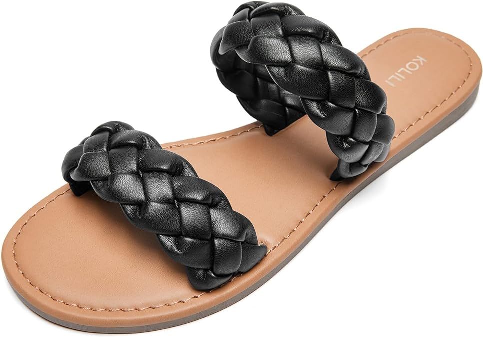 KOLILI Flat Sandals for Women Braided Leather Strap Open Toe Slip On Slides Slippers Sandals | Amazon (US)