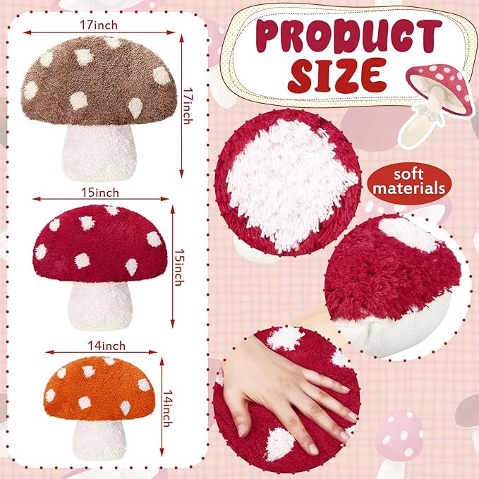 Menkxi 3 Pcs Mushroom Pillow Tufted Washable Floor Pillows Mushroom Throw Pillow Red Orange Brown... | Amazon (US)