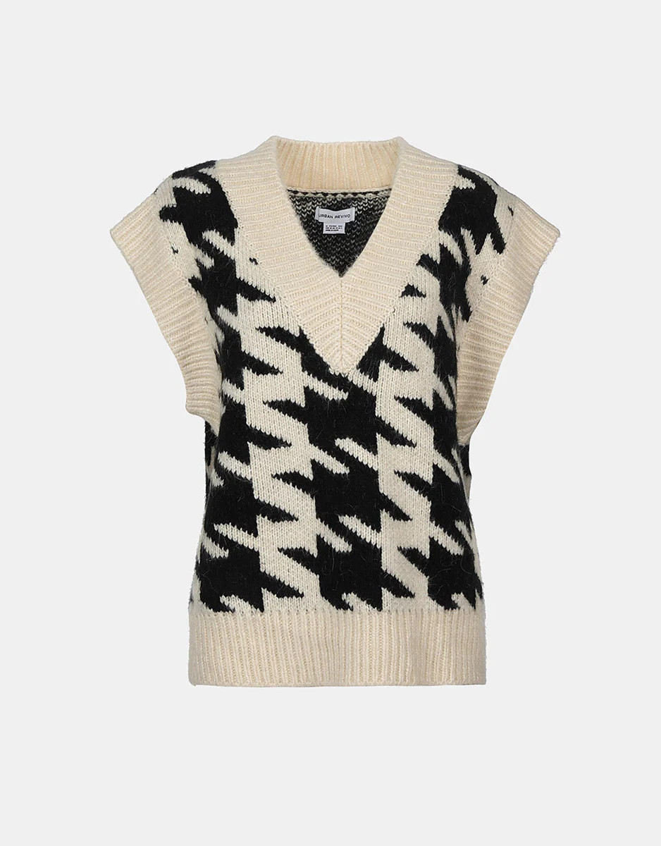 Houndstooth V Neck Sweater Vest | Urban Revivo