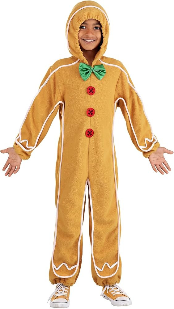 Gingerbread Man Kids Costume - Hooded Onesie with Felt Buttons, Green Bowtie & Elastic Cuffs | Amazon (US)