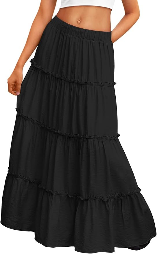 Trendy Queen Long Skirts for Women Boho Maxi Skirt Summer Swing Tiered A-Line Elastic High Waist ... | Amazon (US)
