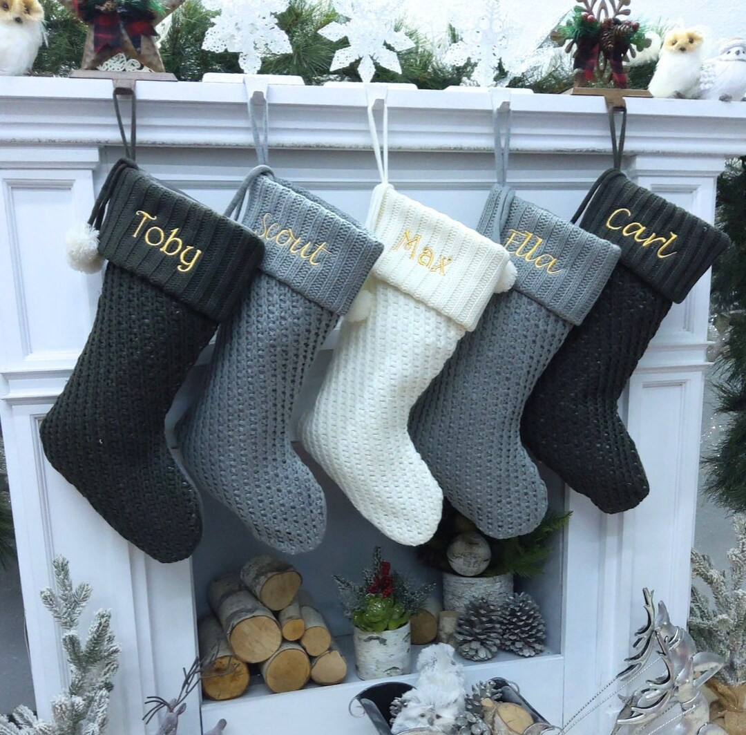 Modern Cable Knit Christmas Stockings Smoky, Ivory, Grey Personalized with Cutout Wood Name Tag C... | Etsy (US)