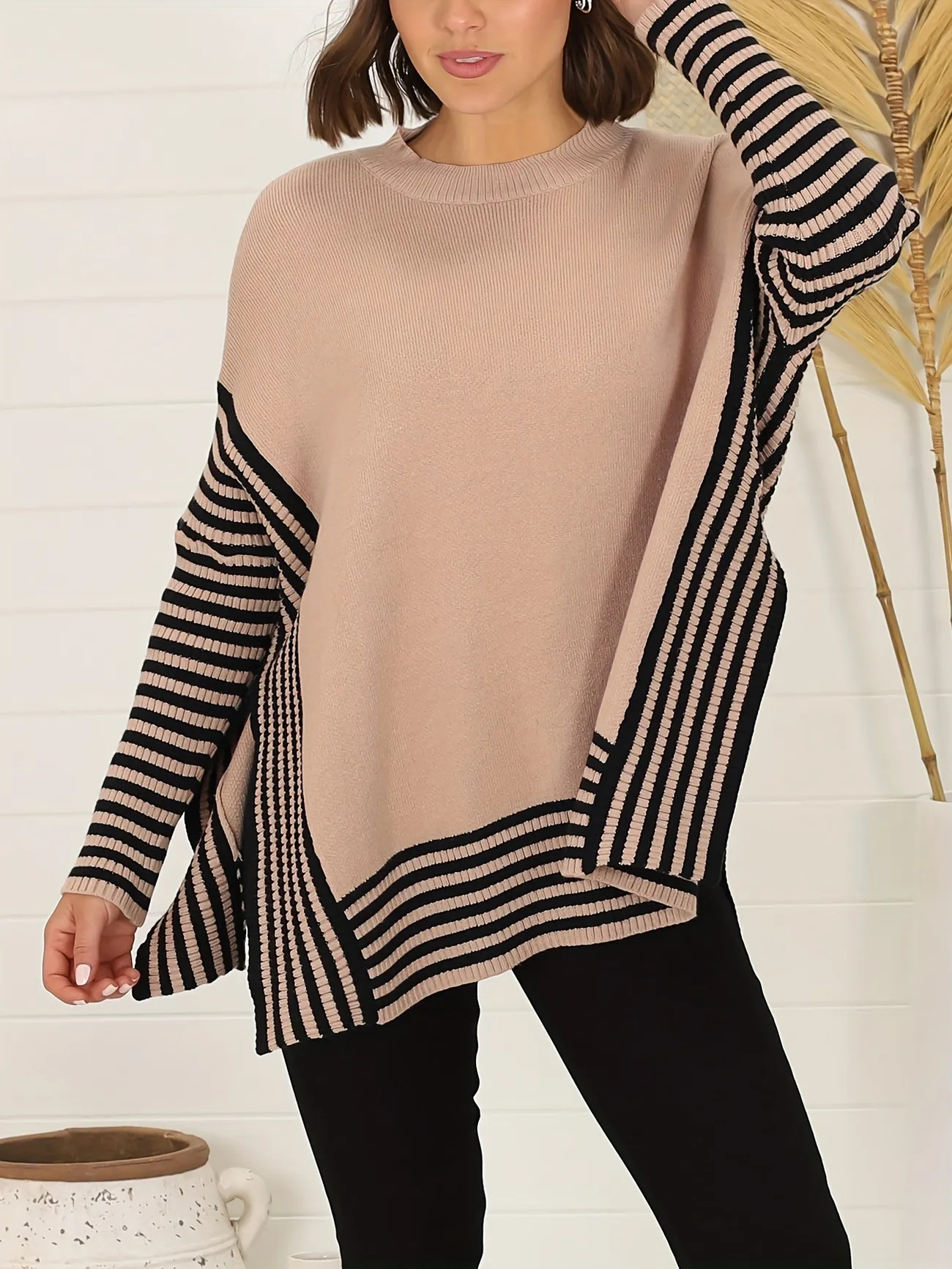 Plus Size Casual Sweater, Women's Plus Striped Pattern Batwing Sleeve Round Neck Split Hem Pullov... | Temu Affiliate Program