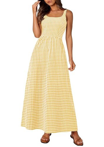PRETTYGARDEN Women's 2026 Summer Spaghetti Strap Maxi Dresses Plaid Square Neck A Line Casual Beach Vacation Long Sundress (Yellow,Large) | Amazon (US)