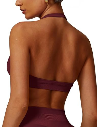 ABOCIW Halter Sports Bras for Women Seamless Open Back Workout Gym Bra Padded Medium Impact Yoga Crop Tank Tops Burgendy Red Large | Amazon (US)