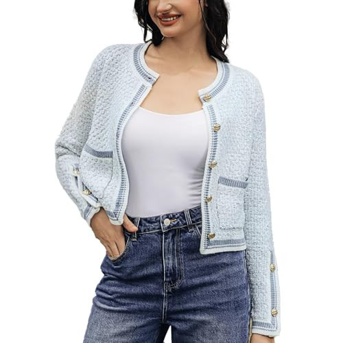URBAN REVIVO Womens Knit Cardigan Sweaters Casual Open Front Button Down Long Sleeve Cropped Tweed Jacket Trendy 2025, Baby Blue, X-Small | Amazon (CA)