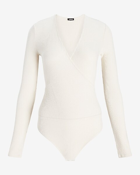 Ribbed Faux Wrap Thong Bodysuit | Express