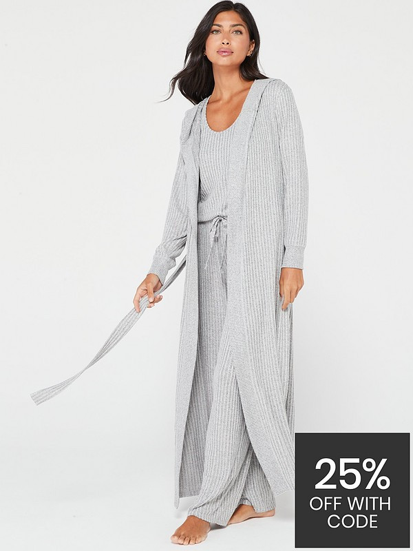 Longline Soft Touch Rib Dressing Gown - Grey Marl | Very (UK)