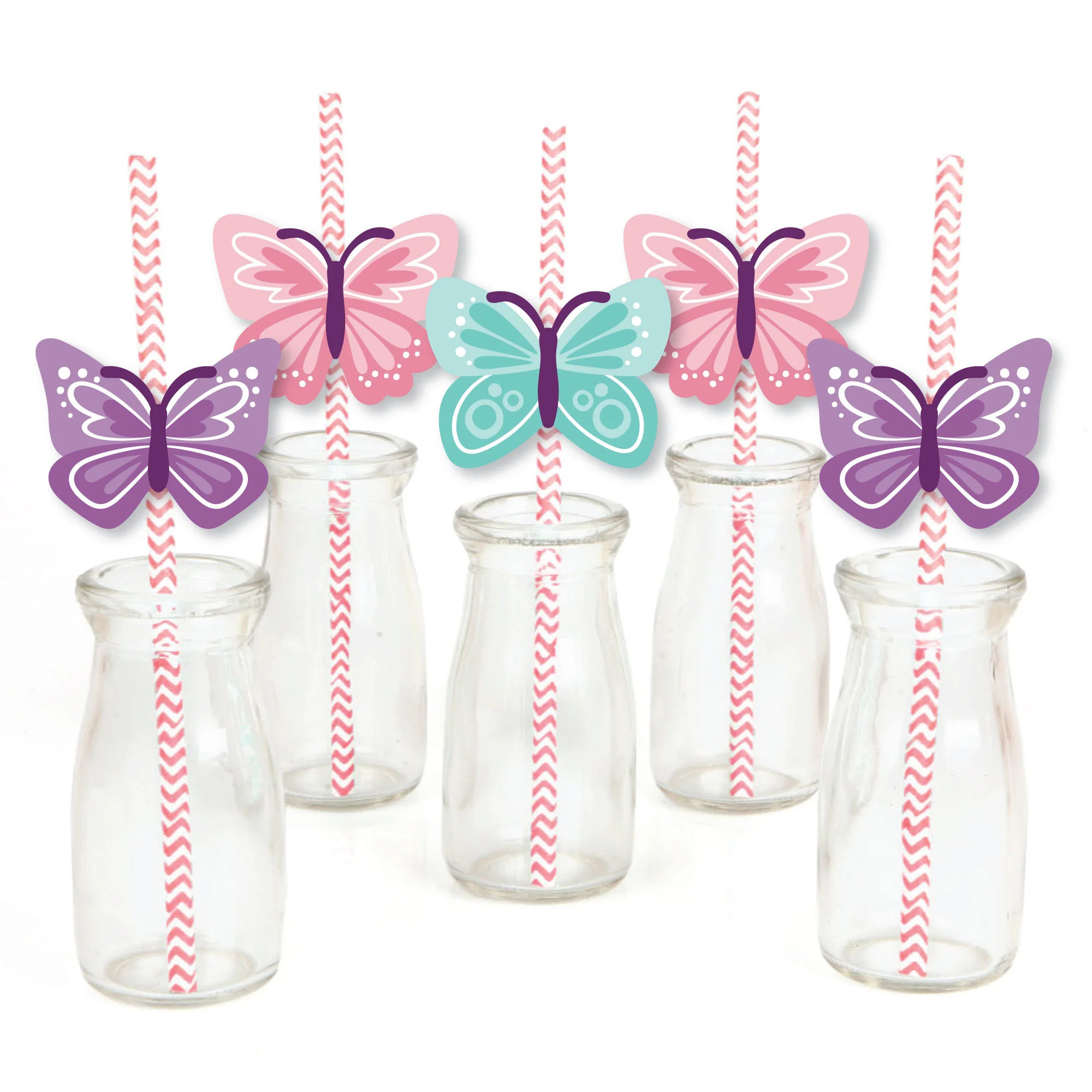 Beautiful Butterfly - Paper Straw Decor - Floral Baby Shower or Birthday Party Striped Decorative... | Big Dot of Happiness