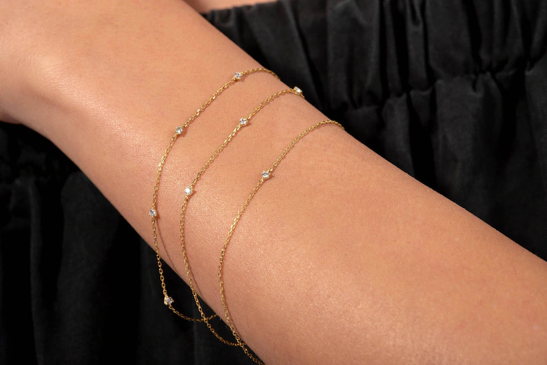 14k Solid Gold Diamond Bracelet / 0.08ct Diamond by the Yard Bracelet / 14k Gold Solitaire Diamon... | Etsy (US)