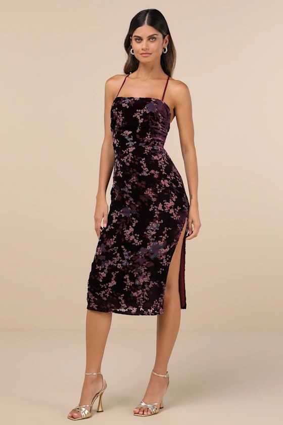 Elegant Persuasion Dark Plum Burnout Velvet Lace-Up Midi Dress | Lulus