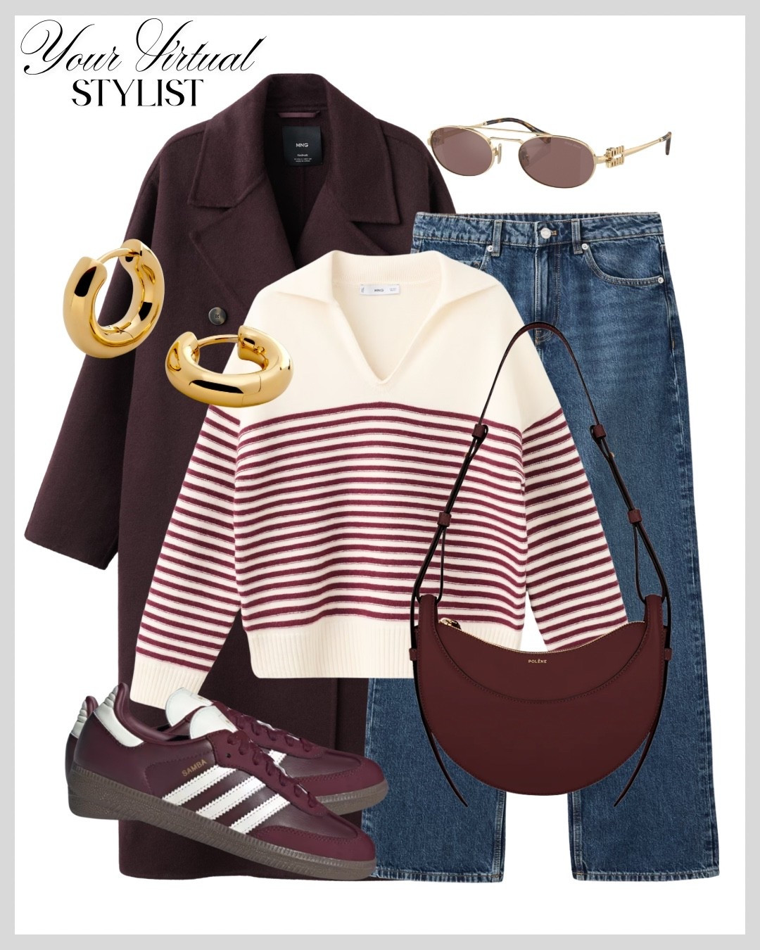 Burgundy layers done right 🍇
A cozy striped knit with denim and a tailored coat finished with gold hoops and retro sneakers for effortless off-duty chic.✨

#LTKworkwear #LTKwinter #LTKstyletip