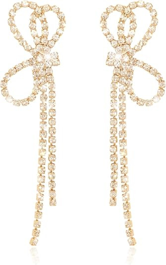 Gold Rhinestone Bow Tassel Dangle Earrings Bow Ribbon Dangle Earrings Sparkly Earrings Statement ... | Amazon (US)