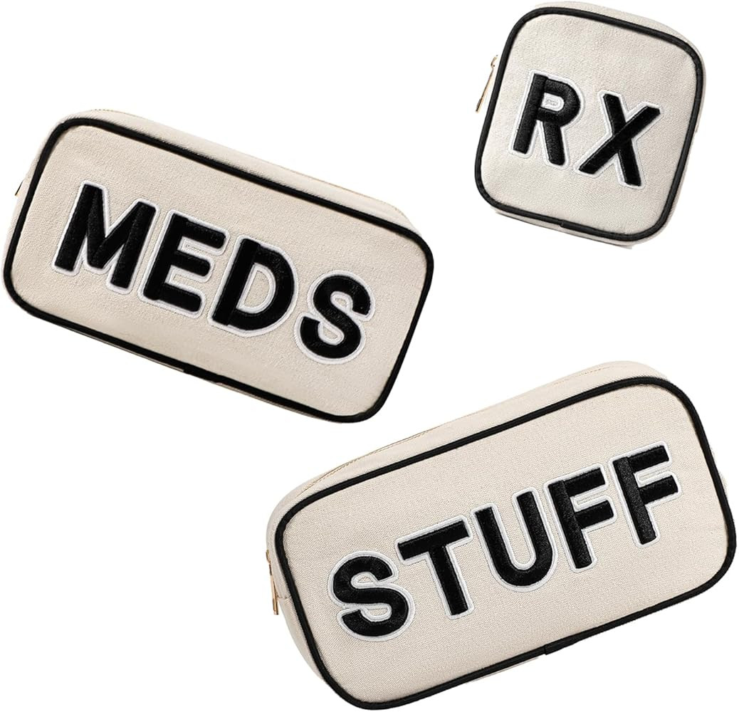 uekeboag 3Pcs Canvas Chenille Letter Medicine Makeup Bag, Small Travel Washable Organizer Bag for... | Amazon (US)