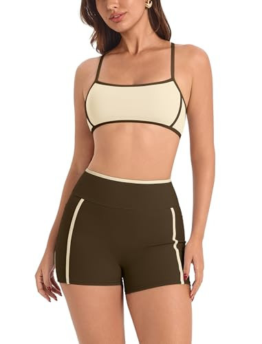 ABOCIW Workout Sets for Women 2 Piece Color Block Sports Bra Matching High Waist Shorts with Pocket Gym Yoga Pilates Outfits Athletic Active Work Out Clothes Coffee + Beige X-Small | Amazon (US)