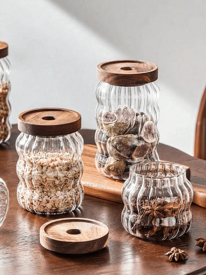 1 Tarro De Vidrio Con Tapón Redondo Con Tapa De Madera Y Corcho Sellado Para Especias, Azúcar, Café, Té Y Almacenamiento, Recipientes Transparentes Para Confitería Y Alimentos, Botellas De Vidrio, Tarros Para Almacenar Café Molido, Tanques De Té, Tarros Para Almacenar Granos | SHEIN